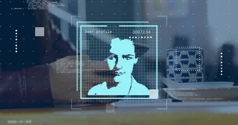 Image of biometric photos data processing over caucasian man using smartphone Stock Photos