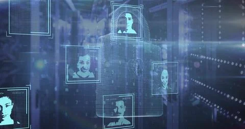Image of biometric photos, padlock and digital data processing over computer Stock Illustration