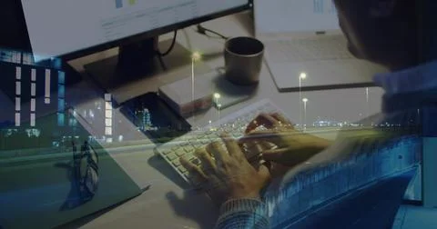 Image of biracial businessman using computer over data processing and cityscape Stock Photos