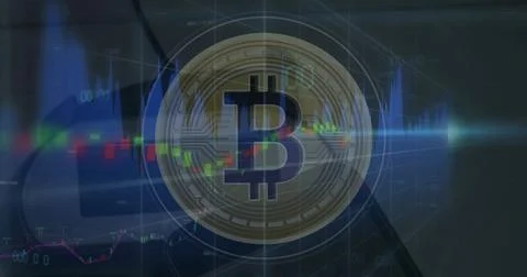 Image of bitcoin and data processing over desk in office Stock Illustration