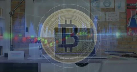 Image of bitcoin and data processing over computer in office 스톡 사진