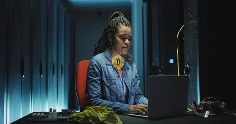 Image of bitcoin and data processing over female it engineer by computer servers Stock Photos