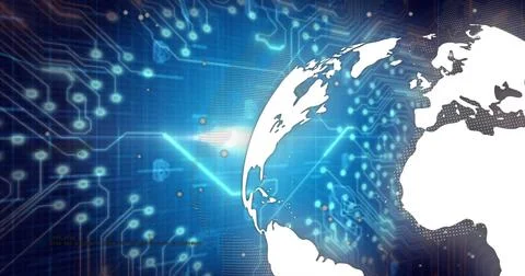 Image of bitcoin icon, data processing over globe Illustrazione stock