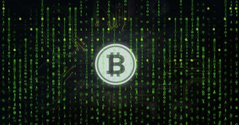 Image of bitcoin icon over binary coding data processing Stock Photos