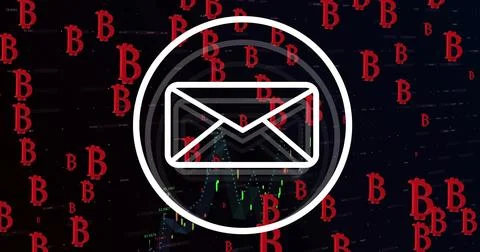 Image of bitcoin icons, email envelope and data processing over black background Stock Photos