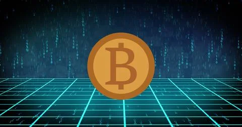 Image of bitcoin over binary coding on black background Stock Photos