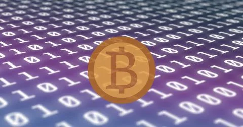 Image of bitcoin over binary coding Stock Photos