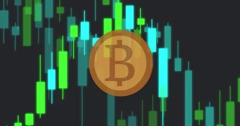 Image of bitcoin over financial data processing on black background Stock Photos