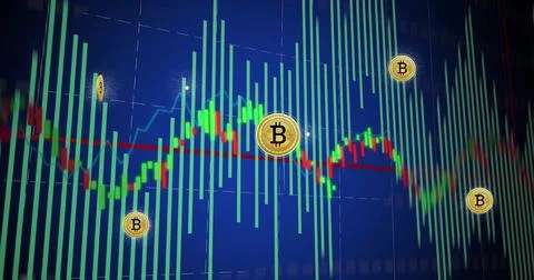Image of bitcoin signs, digital data processing over screen Stock Illustration