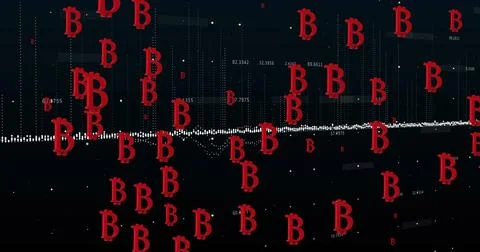 Image of bitcoin sings and data processing over dark background Foto stock