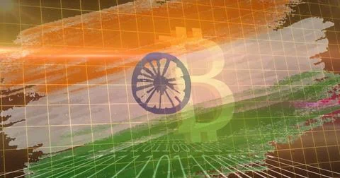 Image of bitcoin symbol and binary coding over flag of india in background Stock Illustration