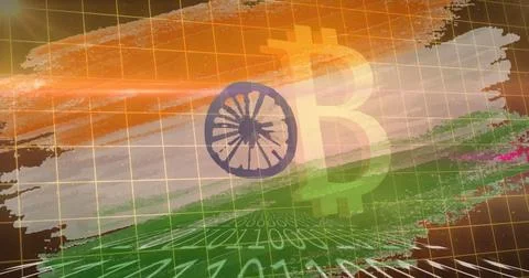 Image of bitcoin symbol and binary coding over flag of india in background Stock Illustration