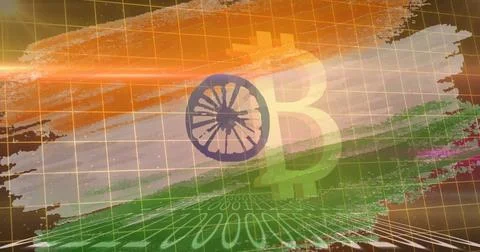 Image of bitcoin symbol and binary coding over flag of india in background Illustrazione stock