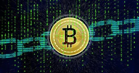 Image of bitcoin symbol and block chain over black background with green letters Ilustração Stock