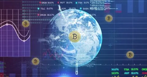 Image of bitcoin symbol falling over globe and data processing Stock Illustration