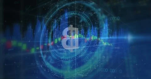 Image of bitcoin symbol over data processing Stock Photos
