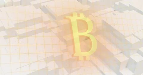 Image of bitcoin symbol over grid network against 3d concentric shapes Foto stock