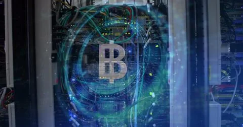 Image of bitcoin symbol on rotating safe lock over data processing and computer Stock Illustration