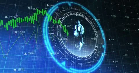 Image of bitcoin symbol on rotating safe lock over financial data processing 스톡 일러스트