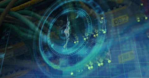 Image of bitcoin symbol on rotating safe lock over data processing and computer Illustrazione stock