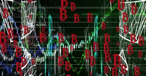 Image of bitcoin symbols over data processing on black background Stock Illustration
