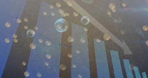 Image of bitcoins floating over statistic recording and arrow pointing down Ilustración de archivo