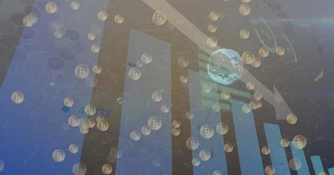Image of bitcoins floating over statistic recording and arrow pointing down Stock Photos