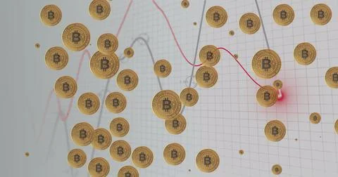 Image of bitcoins over graph on grey background Ilustração Stock
