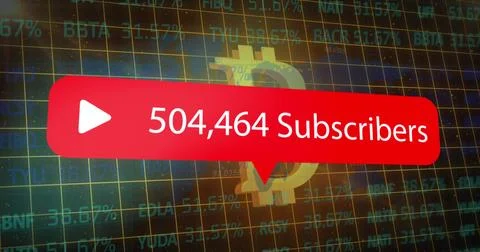 Image of bitcoins, subscribers text and financial data processing Stock Photos