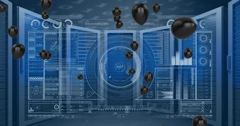 Image of black balloons and uploading over servers Stock Illustration