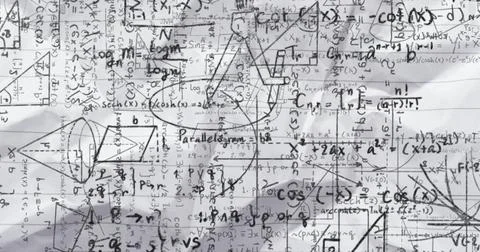 Image of black mathematical formulae and geometric drawings on white 스톡 일러스트