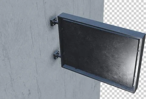 Image of black, rectangular blank business sign with copy space attached to grey Stock Photos