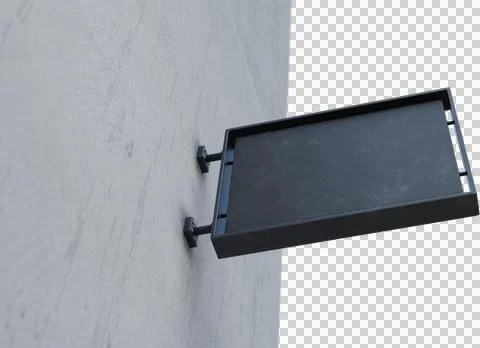 Image of black, rectangular blank business sign with copy space attached to grey Stock Photos