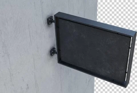 Image of black, rectangular blank business sign with copy space attached to grey Stock Photos