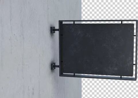 Image of black, rectangular blank business sign with copy space attached to grey Stock Photos