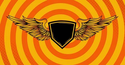 Image of black shape with wings and copy space over circles on orange background Illustrazione stock
