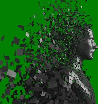 Image of black shiny pixels forming 3d male avatar in profile Ilustração Stock