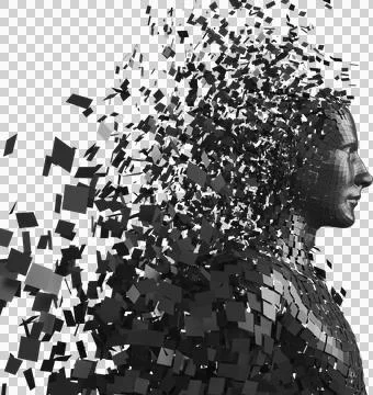 Image of black shiny pixels forming 3d male avatar in profile Ilustração Stock