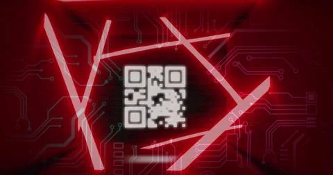 Image of blinking qr code in abstract pattern and circuit board pattern against 库存插图