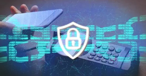 Image of block chain and security padlock on shield over smartphone and payment Foto stock