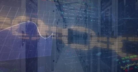 Image of block chain data processing over computer servers Stock Photos