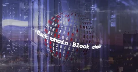 Image of block chain text and globe with data processing over dark background Illustrazione stock