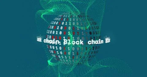 Image of block chain text, binary coding data processing over globe Stock Illustration