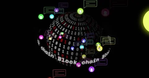 Image of block chain text, binary coding and digital data processing over globe Stock Illustration