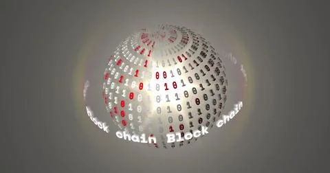 Image of block chain texts around binary codes forming globe, lens flare on Stock Photos