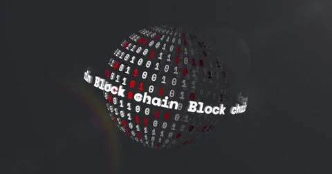 Image of block chain texts around binary codes forming globe, lens flare on 库存照片