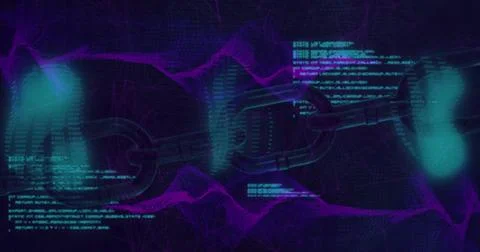 Image of blockchain, computer language and abstract pattern over dynamic waves イラスト素材