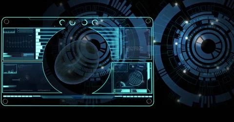 Image of blood cell, loading bars, globe, graph over circles against black Stock Photos