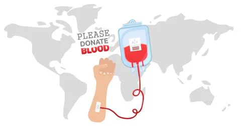 Image of blood donation icon and text over world map Ilustração Stock