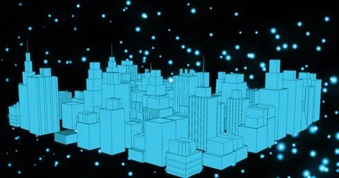 Image of a blue 3d city model over blue circles floating on black background Ilustração Stock